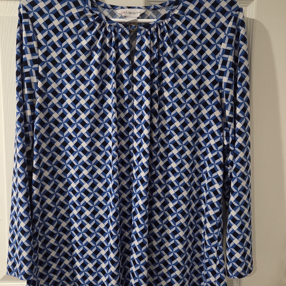 Liz Claiborne Blue and White Geometric Blouse